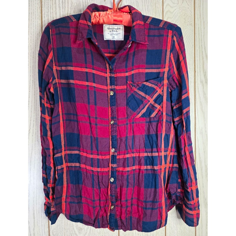 Abercrombie & Fitch Plaid Flannel Size M Red Navy Blue Grunge Cabincore Pocket